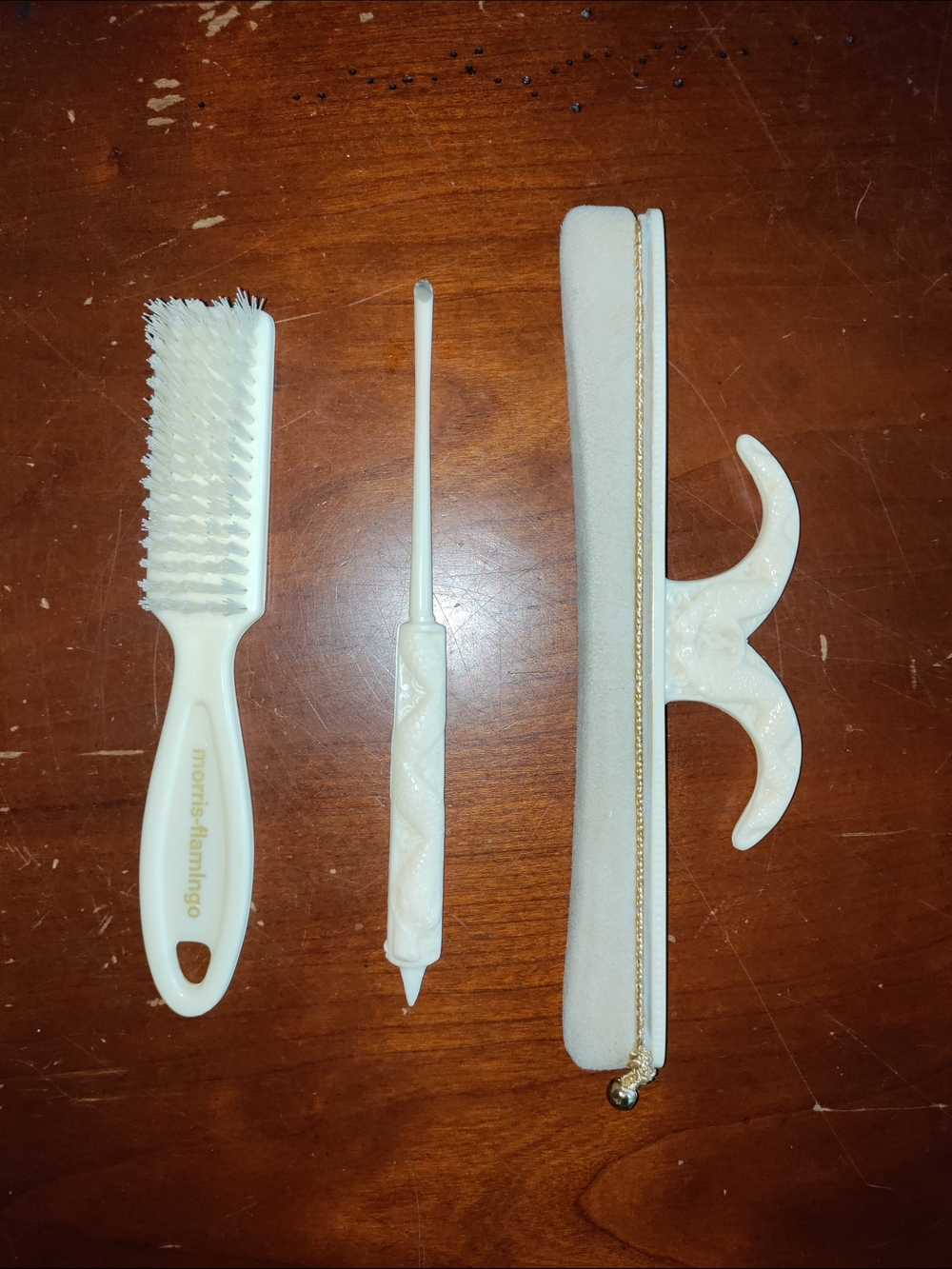 White Vintage Nail Care Trio - Brush, Cuticle Pusher, Buffer With Dragon Design